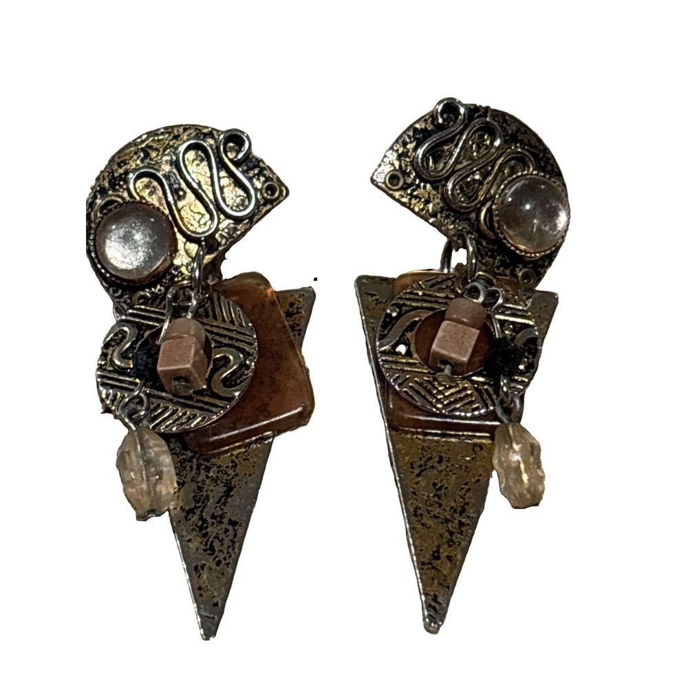 vintage mixed-metal, triangular-shaped dangle earrings with mixed-media elements